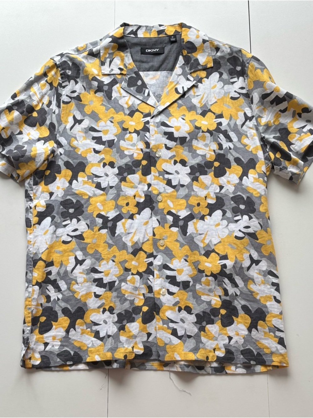 DKNY Men’s Short-Sleeve Floral Button-Down Shirt in Yellow, Gray & White